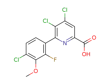 Molecular Structure of 1546765-39-2 (6-(4-chloro-2-fluoro-3-methoxyphenyl)-4,5-dichloro-2-pyridinecarboxylic acid)