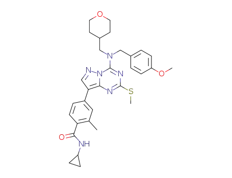 Molecular Structure of 1610679-73-6 (N-cyclopropyl-4-(4-((4-methoxybenzyl)((tetrahydro-2H-pyran-4-yl)methyl)amino)-2-(methylthio)pyrazolo[1,5-a][1,3,5]triazin-8-yl)-2-methylbenzamide)