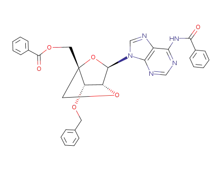 Molecular Structure of 293751-33-4 (((1R,3R,4R,7S)-3-(6-benzamido-9H-purin-9-yl)-7-(benzyloxy)-2,5-dioxabicyclo[2.2.1]heptan-1-yl)methylbenzoate)