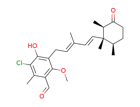 Molecular Structure of 38561-39-6 (Benzaldehyde,
3-chloro-4-hydroxy-6-methoxy-2-methyl-5-[(2E,4E)-3-methyl-5-[(1R,2R,
6R)-1,2,6-trimethyl-3-oxocyclohexyl]-2,4-pentadienyl]-)