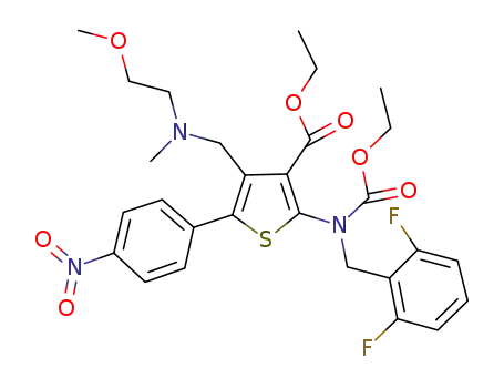 Molecular Structure of 308832-01-1 (3-Thiophenecarboxylic acid,
2-[[(2,6-difluorophenyl)methyl](ethoxycarbonyl)amino]-4-[[(2-methoxyeth
yl)methylamino]methyl]-5-(4-nitrophenyl)-, ethyl ester)