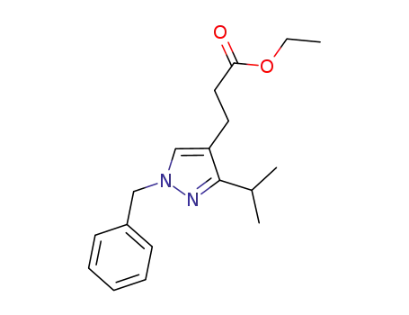 Molecular Structure of 628331-28-2 (1H-Pyrazole-4-propanoic acid, 3-(1-methylethyl)-1-(phenylmethyl)-,
ethyl ester)
