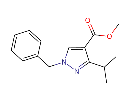 Molecular Structure of 628331-25-9 (1H-Pyrazole-4-carboxylic acid, 3-(1-methylethyl)-1-(phenylmethyl)-,
methyl ester)