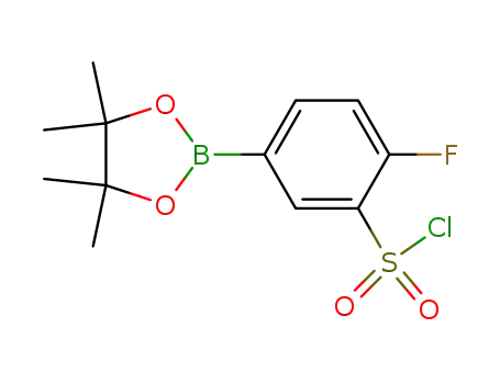 Molecular Structure of 1003575-37-8 (2-fluoro-5-(4,4,5,5-tetramethyl-[1,3,2]dioxaborolan-2-yl)-benzenesulfonyl chloride)