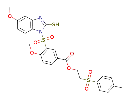 Molecular Structure of 843615-24-7 (4-(2-mercapto-5-methoxy-benzimidazole-1-sulfonyl)-3-methoxy-benzoic acid 2-(toluene-4-sulfonyl)ethyl ester)