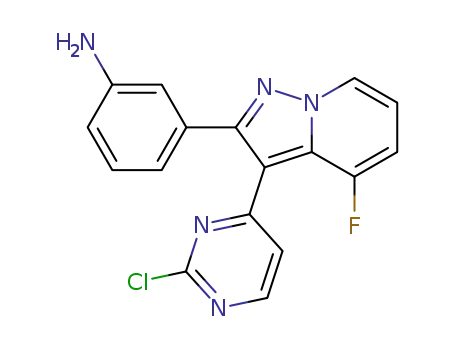 Molecular Structure of 895637-18-0 (3-[3-(2-chloro-4-pyrimidinyl)-4-fluoropyrazolo[1,5-a]pyridin-2-yl]aniline)