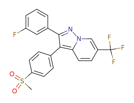 Molecular Structure of 267235-57-4 (2-(3-fluoro-phenyl)-3-(4-methanesulfonyl-phenyl)-6-trifluoromethyl-pyrazolo[1,5-a]pyridine)