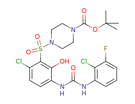 Molecular Structure of 688763-67-9 (4-(6-chloro-3-[3-(2-chloro-3-fluorophenyl)-ureido]-2-hydroxy-benzenesulfonyl)-piperazine-1-carboxylic acid tert-butyl ester)