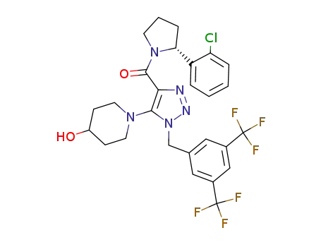 Molecular Structure of 823188-00-7 (Pyrrolidine,
1-[[1-[[3,5-bis(trifluoromethyl)phenyl]methyl]-5-(4-hydroxy-1-piperidinyl)-
1H-1,2,3-triazol-4-yl]carbonyl]-2-(2-chlorophenyl)-, (2R)-)