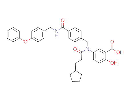 Molecular Structure of 842136-75-8 (Benzoic acid,
5-[(3-cyclopentyl-1-oxopropyl)[[4-[[[(4-phenoxyphenyl)methyl]amino]carb
onyl]phenyl]methyl]amino]-2-hydroxy-)