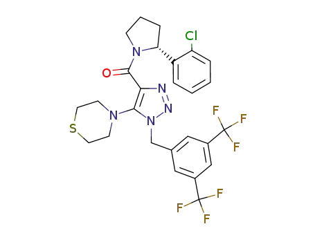 Molecular Structure of 823187-98-0 (Pyrrolidine,
1-[[1-[[3,5-bis(trifluoromethyl)phenyl]methyl]-5-(4-thiomorpholinyl)-1H-1,
2,3-triazol-4-yl]carbonyl]-2-(2-chlorophenyl)-, (2R)-)