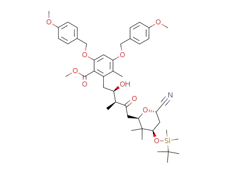 2-{(2R,3S)-5-[(2R,4R,6S)-4-(tert-Butyl-dimethyl-silanyloxy)-6-cyano-3,3-dimethyl-tetrahydro-pyran-2-yl]-2-hydroxy-3-methyl-4-oxo-pentyl}-4,6-bis-(4-methoxy-benzyloxy)-3-methyl-benzoic acid methyl ester