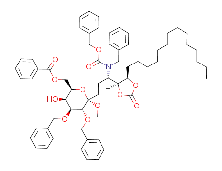 Benzoic acid (2R,3S,4S,5R,6S)-6-[(S)-3-(benzyl-benzyloxycarbonyl-amino)-3-((4S,5R)-2-oxo-5-tetradecyl-[1,3]dioxolan-4-yl)-propyl]-4,5-bis-benzyloxy-3-hydroxy-6-methoxy-tetrahydro-pyran-2-ylmethyl ester