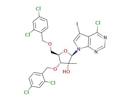 Molecular Structure of 847551-25-1 (7-[3,5-Bis-O-[(2,4-dichlorophenyl)methyl]-2-C-methyl-beta-D-ribofuranosyl]-4-chloro-5-iodo-7H-pyrrolo[2,3-d]pyrimidine)