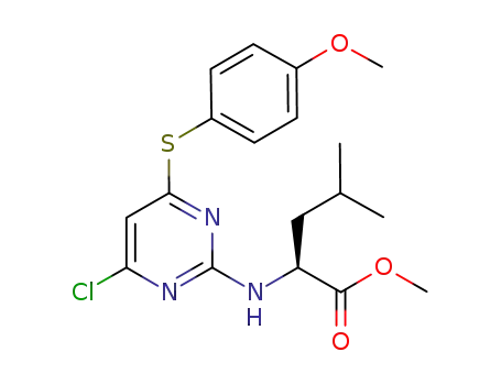 Molecular Structure of 825647-44-7 (L-Leucine, N-[4-chloro-6-[(4-methoxyphenyl)thio]-2-pyrimidinyl]-, methyl
ester)