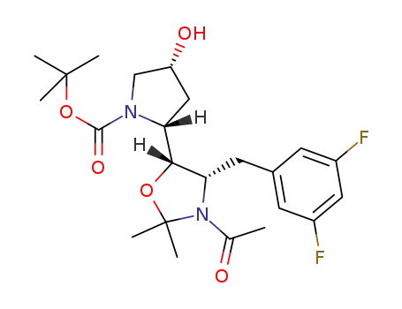 Molecular Structure of 869527-87-7 (tert-butyl (2R,4R)-2-[(4S,5S)-3-acetyl-4-(3,5-difluorobenzyl)-2,2-dimethyloxazolidin-5-yl]-4-hydroxypyrrolidine-1-carboxylate)