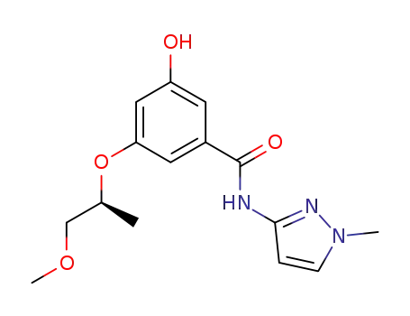 Molecular Structure of 863504-73-8 (Benzamide,
3-hydroxy-5-[(1S)-2-methoxy-1-methylethoxy]-N-(1-methyl-1H-pyrazol-3-
yl)-)