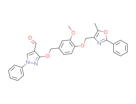 Molecular Structure of 675146-29-9 (1H-Pyrazole-4-carboxaldehyde,
3-[[3-methoxy-4-[(5-methyl-2-phenyl-4-oxazolyl)methoxy]phenyl]methoxy]
-1-phenyl-)