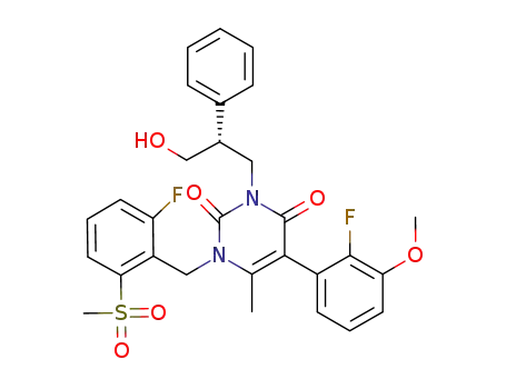 Molecular Structure of 830346-64-0 (2,4(1H,3H)-Pyrimidinedione,
5-(2-fluoro-3-methoxyphenyl)-1-[[2-fluoro-6-(methylsulfonyl)phenyl]methyl
]-3-[(2R)-3-hydroxy-2-phenylpropyl]-6-methyl-)