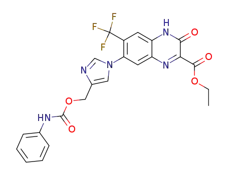 Molecular Structure of 221165-61-3 (2-Quinoxalinecarboxylic acid,
3,4-dihydro-3-oxo-7-[4-[[[(phenylamino)carbonyl]oxy]methyl]-1H-imidaz
ol-1-yl]-6-(trifluoromethyl)-, ethyl ester)