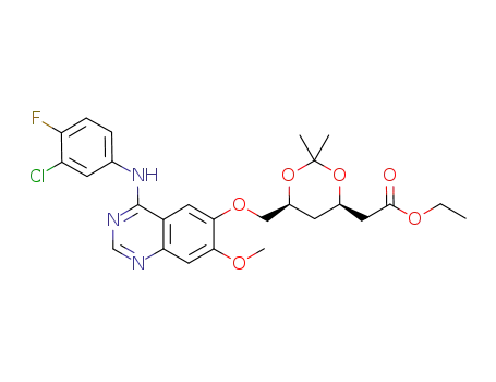 Molecular Structure of 867150-27-4 ((4R,6S)-{6-([4-(3-chloro-4-fluorophenylamino)-7-methoxyquinazolin-6-yl]oxymethyl)-2,2-dimethyl-[1,3]dioxan-4-yl}-acetic acid ethyl ester)