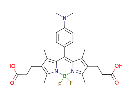 Molecular Structure of 1000870-45-0 (bis-carboxylic acid (1,3,5,7-tetramethyl-2,6-bis(2-carboxyethyl)-8-(p-dimethylaminophenyl)-4,4-difluoro-4-bora-3a,4a-diaza-s-indacene))