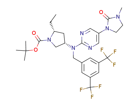 Molecular Structure of 1160066-03-4 ((2R,4S)-4-{(3,5-bis-trifluoromethyl-benzyl)-[5-(3-methyl-2-oxo-imidazolidin-1-yl)-pyrimidin-2-yl]-amino}-2-ethyl-pyrrolidine-1-carboxylic acid tert-butyl ester)