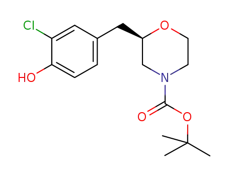 Molecular Structure of 901231-56-9 (4-Morpholinecarboxylic acid, 2-[(3-chloro-4-hydroxyphenyl)methyl]-,
1,1-dimethylethyl ester, (2R)-)