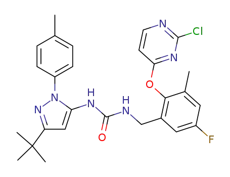 Molecular Structure of 940871-30-7 (1-(2-(2-chloropyrimidin-4-yloxy)-3-methyl-5-fluorobenzyl)-3-(3-t-butyl-1-p-tolyl-1H-pyrazol-5-yl)urea)