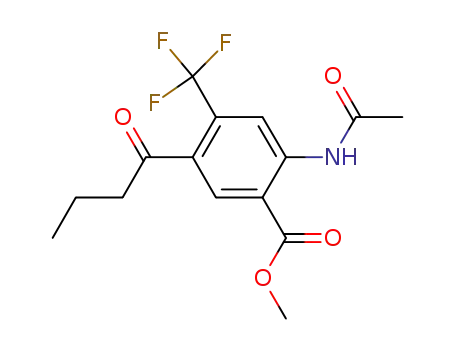 Molecular Structure of 912573-87-6 (Benzoic acid, 2-(acetylamino)-5-(1-oxobutyl)-4-(trifluoromethyl)-, methyl
ester)