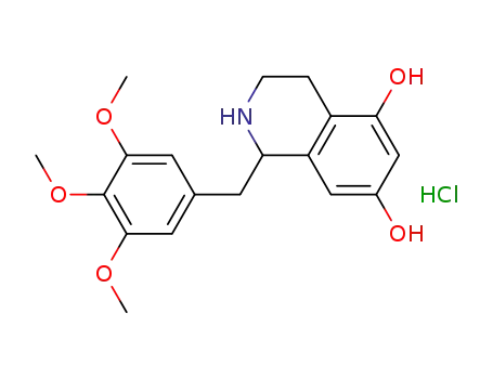 Molecular Structure of 64779-04-0 (5,7-Isoquinolinediol,
1,2,3,4-tetrahydro-1-[(3,4,5-trimethoxyphenyl)methyl]-, hydrochloride)