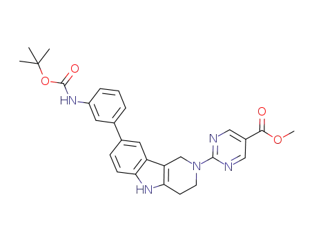 Molecular Structure of 907566-73-8 (5-Pyrimidinecarboxylic acid,
2-[8-[3-[[(1,1-dimethylethoxy)carbonyl]amino]phenyl]-1,3,4,5-tetrahydro-
2H-pyrido[4,3-b]indol-2-yl]-, methyl ester)
