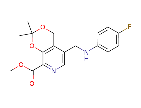 Molecular Structure of 1198621-26-9 (methyl 5-((4-fluorophenylamino)methyl)-2,2-dimethyl-4H-[1,3]dioxino[4,5-c]pyridine-8-carboxylate)