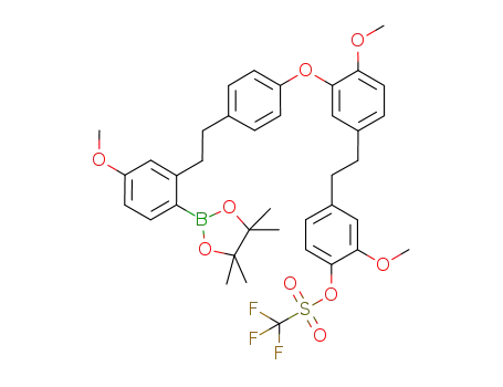 Molecular Structure of 1132675-14-9 (2-methoxy-4-(4-methoxy-3-(4-(5-methoxy-2-(4,4,5,5-tetramethyl-1,3,2-dioxaborolan-2-yl)phenethyl)phenoxy)phenethyl)phenyl trifluoromethanesulfonate)