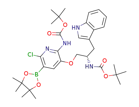 Molecular Structure of 1131042-33-5 (1,1-dimethylethyl [6-chloro-3-{[(2S)-2-({[(1,1-dimethylethyl)oxy]carbonyl}amino)-3-(1H-indol-3-yl)propyl]oxy}-5-(4,4,5,5-tetramethyl-1,3,2-dioxaborolan-2-yl)-2-pyridinyl]carbamate)