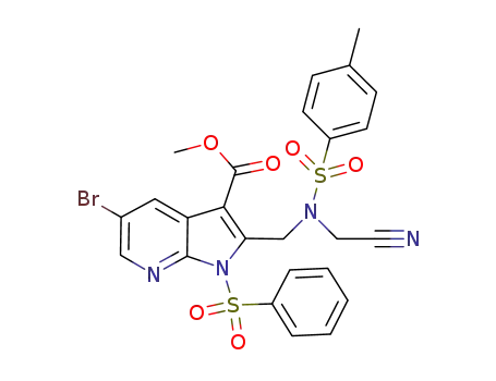 Molecular Structure of 1200130-74-0 (1H-Pyrrolo[2,3-b]pyridine-3-carboxylic acid, 5-broMo-2-[[(cyanoMethyl)[(4-Methylphenyl)sulfonyl]aMino]Methyl]-1-(phenylsulfonyl)-, Methyl ester)