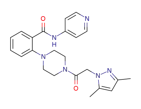 Molecular Structure of 1253382-55-6 (2-{4-[2-(3,5-dimethyl-pyrazol-1-yl)-acetyl]-piperazin-1-yl}-N-pyridin-4-yl-benzamide)
