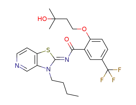 Molecular Structure of 1231955-09-1 (N-[(2Z)-3-butyl[1,3]thiazolo[4,5-c]pyridin-2(3H)-ylidene]-2-(3-hydroxy-3-methylbutoxy)-5-(trifluoromethyl)benzamide)