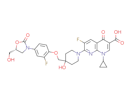 1-cyclopropyl-6-fluoro-7-{4-[2-fluoro-4-((R)-5-hydroxymethyl-2-oxo-oxazolidin-3-yl)-phenoxymethyl]-4-hydroxy-piperidin-1-yl}-4-oxo-1,4-dihydro-[1,8]naphthyridine-3-carboxylic acid