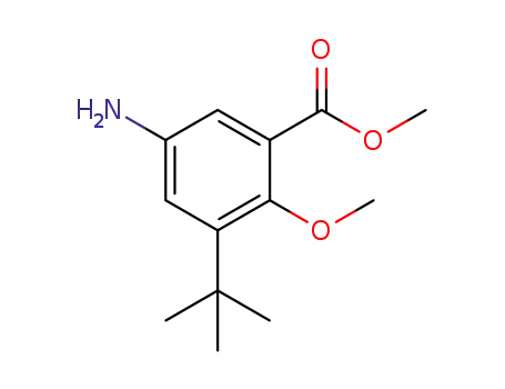 Molecular Structure of 1132941-02-6 (methyl 5-amino-3-tert-butyl-2-methoxybenzoate)
