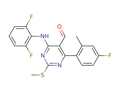 Molecular Structure of 444605-29-2 (4-(2,6-Difluoro-phenylamino)-6-(4-fluoro-2-methyl-phenyl)-2-methylsulfanyl-pyrimidine-5-carbaldehyde)