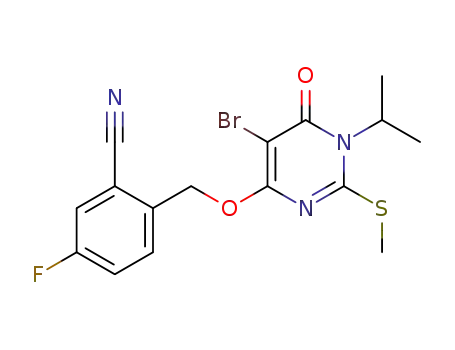 Molecular Structure of 883996-97-2 (2-((5-bromo-1,6-dihydro-1-isopropyl-2-(methylthio)-6-oxopyrimidin-4-yloxy)methyl)-5-fluorobenzonitrile)