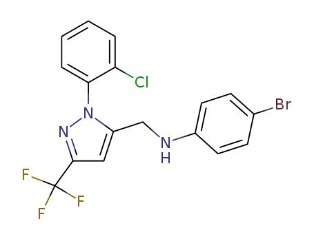 Molecular Structure of 1033586-42-3 (4-bromo-N-((1-(2-chlorophenyl)-3-(trifluoromethyl)-1H-pyrazol-5-yl)methyl)aniline)