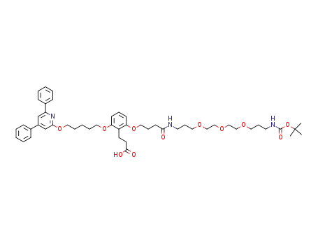 Molecular Structure of 206266-12-8 (3-(6-(3-(N-(3-(2-(2-(3-((tert-Butoxy)carbonylamino)propoxy)ethoxy)ethoxy)propyl)-carbamoyl)propoxy)2-(5-(4,6-diphenyl(2-pyridyloxy))pentyloxy)phenyl)propanoic Acid)