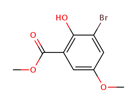 Molecular Structure of 153355-46-5 (Benzoic acid, 3-bromo-2-hydroxy-5-methoxy-, methyl ester)