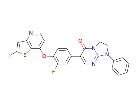 Molecular Structure of 946505-64-2 (6-(3-fluoro-4-(2-iodothieno[3,2-b]pyridin-7-yloxy)phenyl)-1-phenyl-2,3-dihydroimidazo[1,2-a]pyrimidin-5(1H)-one)