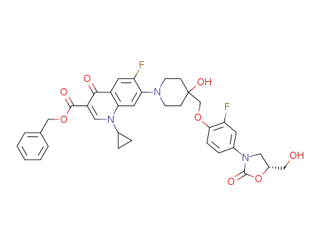 Molecular Structure of 1025097-65-7 (1-cyclopropyl-6-fluoro-7-{4-[2-fluoro-4-((R)-5-hydroxymethyl-2-oxo-oxazolidin-3-yl)-phenoxymethyl]-4-hydroxy-piperidin-1-yl}-4-oxo-1,4-dihydro-quinoline-3-carboxylic acid benzyl ester)