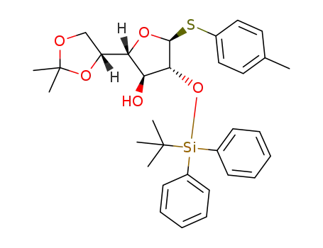 Molecular Structure of 1374632-99-1 ((2R,3S,4R,5S)-4-(tert-butyldiphenylsilyloxy)-2-((R)-2,2-dimethyl-1,3-dioxolan-4-yl)-5-(p-tolylthio)tetrahydrofuran-3-ol)