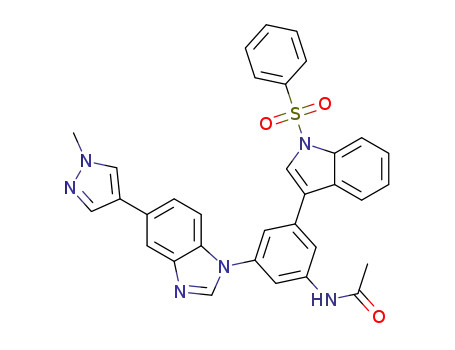 Molecular Structure of 1430728-71-4 (N-(3-(5-(1-methyl-1H-pyrazol-4-yl)-1H-benzo[d]imidazol-1-yl)-5-(1-(phenylsulfonyl)-1H-indol-3-yl)phenyl)acetamide)