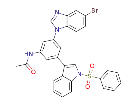 Molecular Structure of 1430728-70-3 (N-(3-(5-bromo-1H-benzo[d]imidazol-1-yl)-5-(1-(phenylsulfonyl)-1H-indol-3-yl)phenyl)acetamide)
